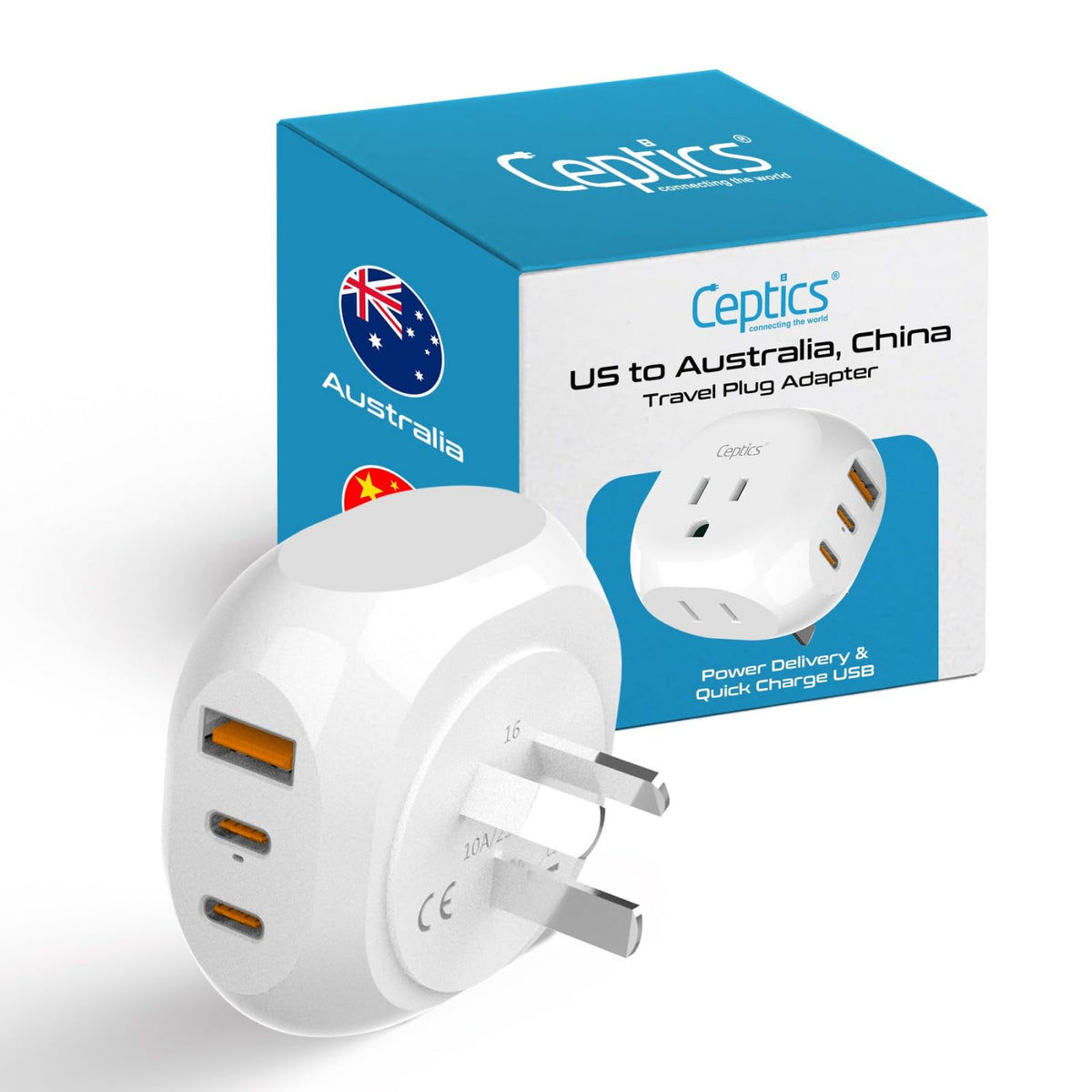 Adaptador De Viaje Ceptics Azul | 5 Entradas Con 20W PD-QC 3.1A Dual USB-C Y USB | Ultracompacto Y Ligero Para Australia Y China