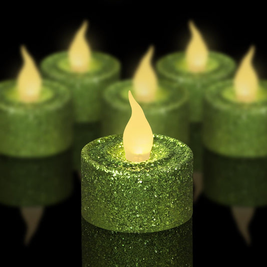 Furora LIGHTING - Velas LED con purpurina verde, paquete de 12, velas parpadeantes sin llama para decoración del hogar, 1.5 pulgadas de ancho x 1.65 pulgadas de alto, funciona con pilas