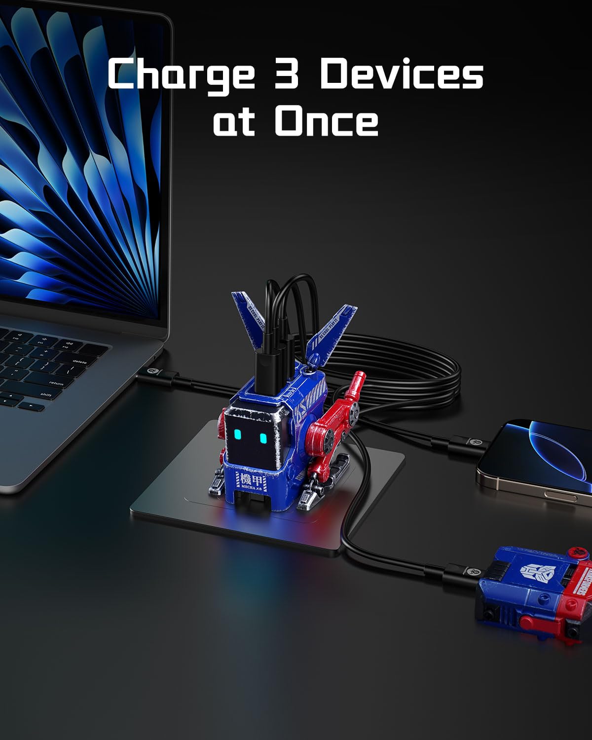 GravaStar Cargador USB C de 65 W, Bloque de Cargador rápido GAN Robot Alpha65, Adaptador de Corriente rápido de 3 Puertos, Cargador USB C de Pared Compacto Plegable (Azul)