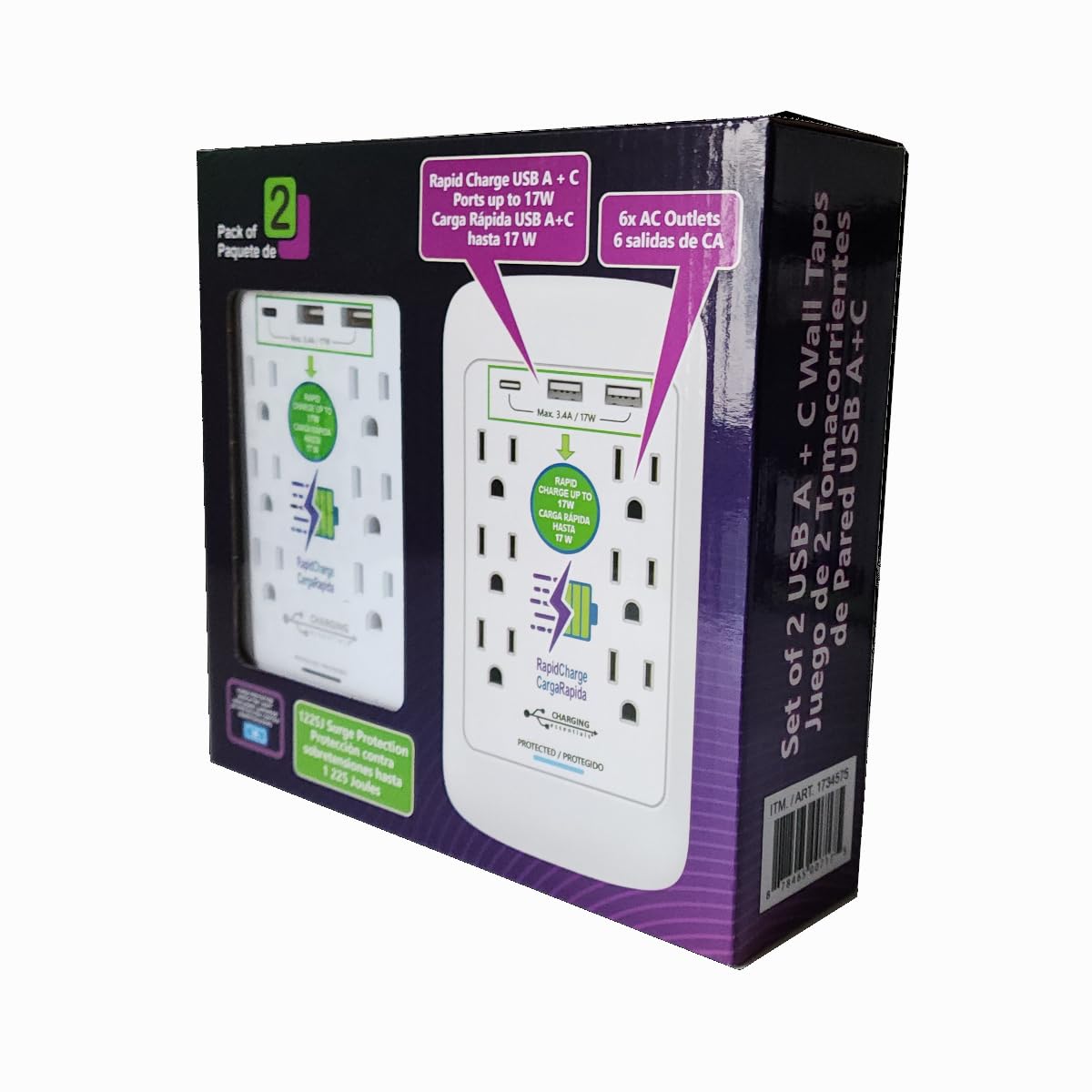 Charging Essentials: Cargador de pared con 3 puertos USB (1 USB-C y 2 USB-A), 5V/3.4A, protección contra sobretensiones, paquete de 2