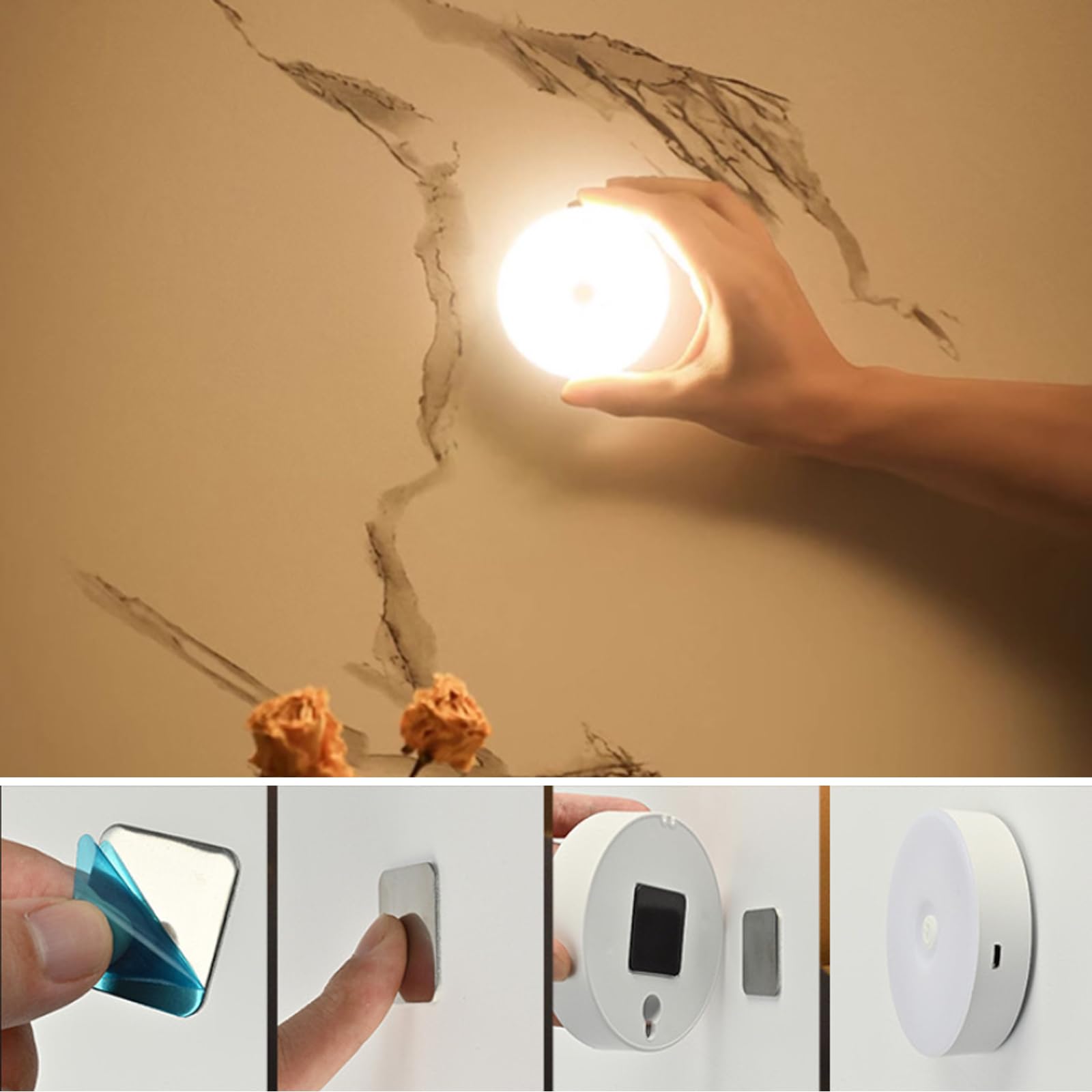 AZHU Luz led con Sensor de Movimiento, 4 Pz Lampara LED Recargable por USB Con Imán, Luces LED para Cocina, Escaleras, Sala, Closet, Estudio(Luz Blanco)