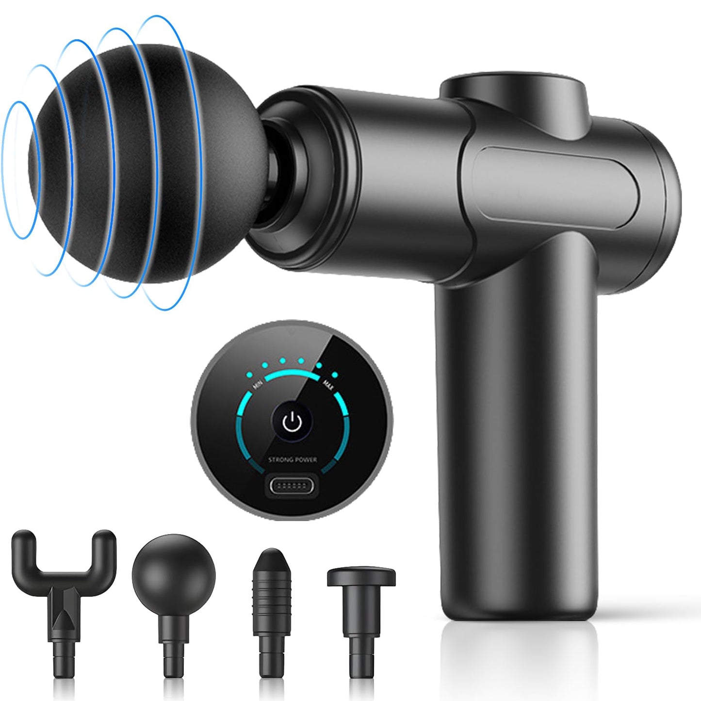 RONSXY Pistola de Masaje Muscular con 4 Cabezas y 6 Velocidades Ajustables, Masajeador Eléctrico Profundo y Portátil de Mano para Relajar Los Músculos y Aliviar el Dolor