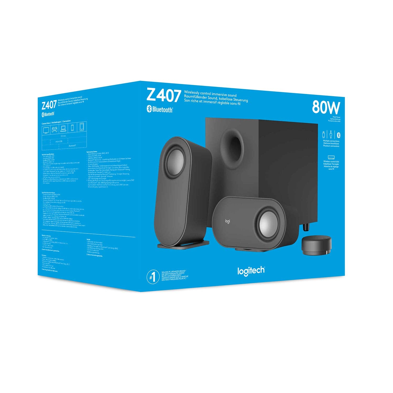 Logitech Z407 Bocinas Bluetooth para ordenador con Subwoofer y control inalámbrico, Sonido inmersivo, Audio premium con varias entradas, Altavoces USB - Negro