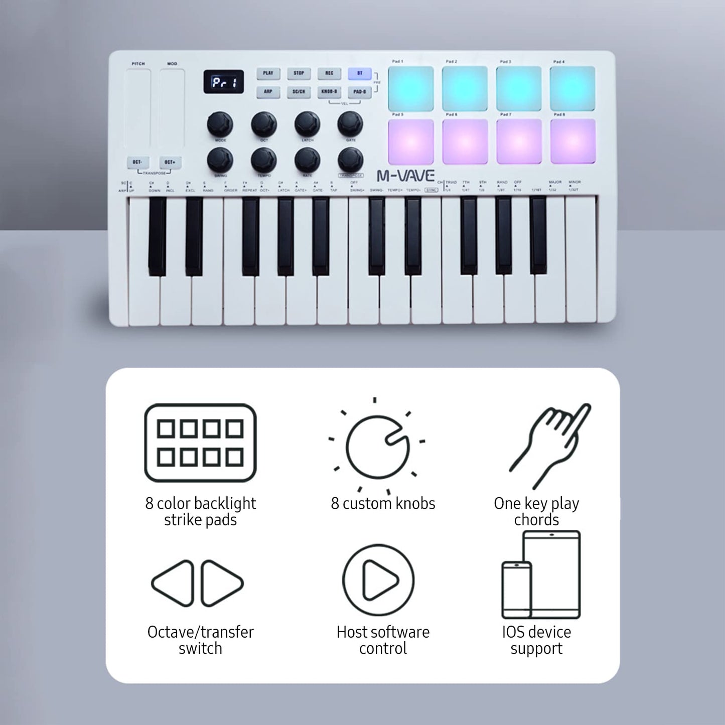 Laurio Teclado de Control Midi de 25 Teclas Mini Teclado USB portátil Controlador Midi con 25 Teclas sensibles a la Velocidad 8 Almohadillas retroiluminadas RGB 8 perillas