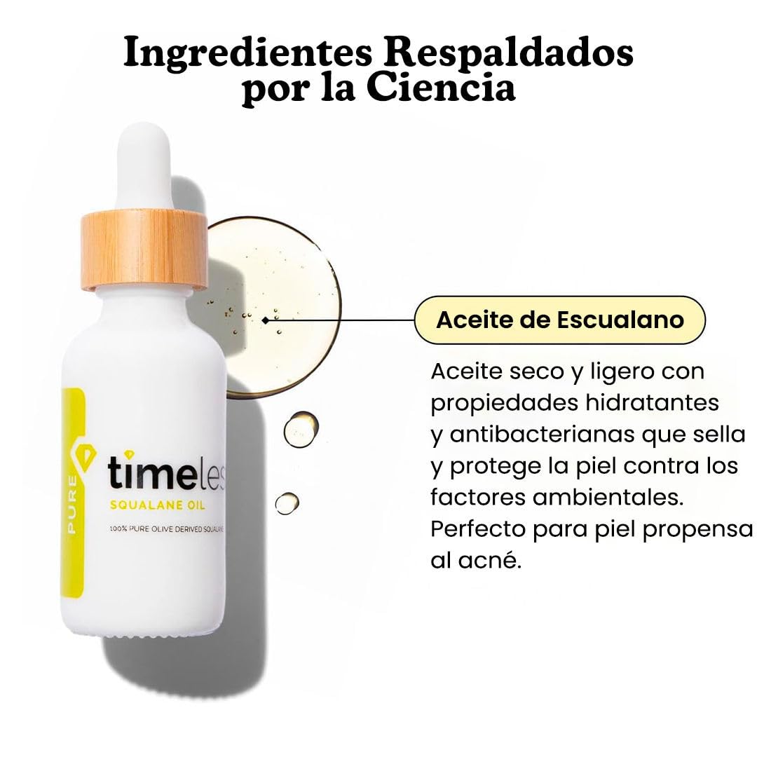 TIMELESS Aceite de Escualano 100% Puro 30 ml - aceite facial y corporal hidratante ligero derivado del aceite de oliva - skincare body oil para rostro, cuerpo y cabello