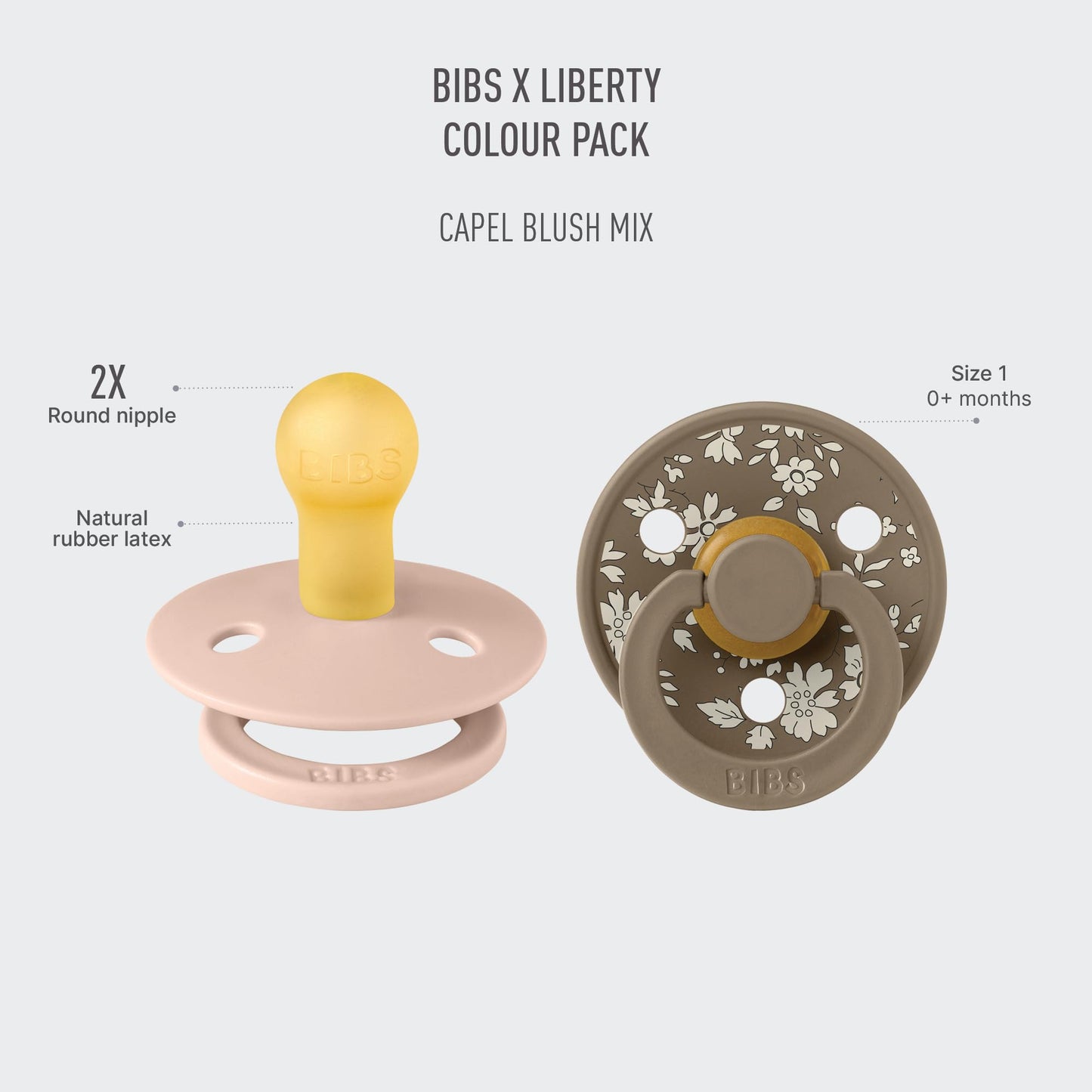 BIBS Liberty diseño Exclusivo 2 chupetes. Libre de BPA, Tetina redonda. Látex natural, Talla 1 (0-6 meses) Blush Mix