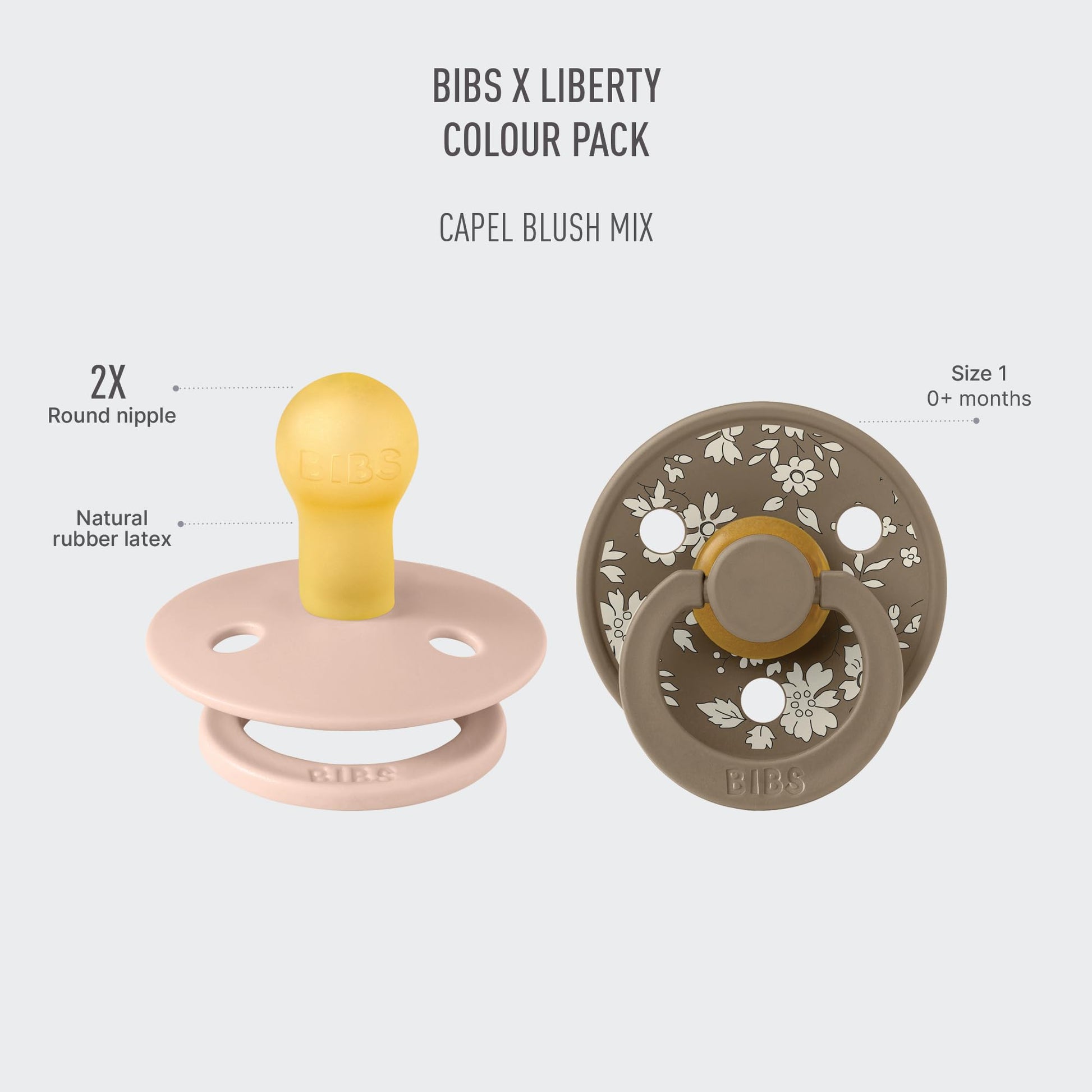 BIBS Liberty diseño Exclusivo 2 chupetes. Libre de BPA, Tetina redonda. Látex natural, Talla 1 (0-6 meses) Blush Mix