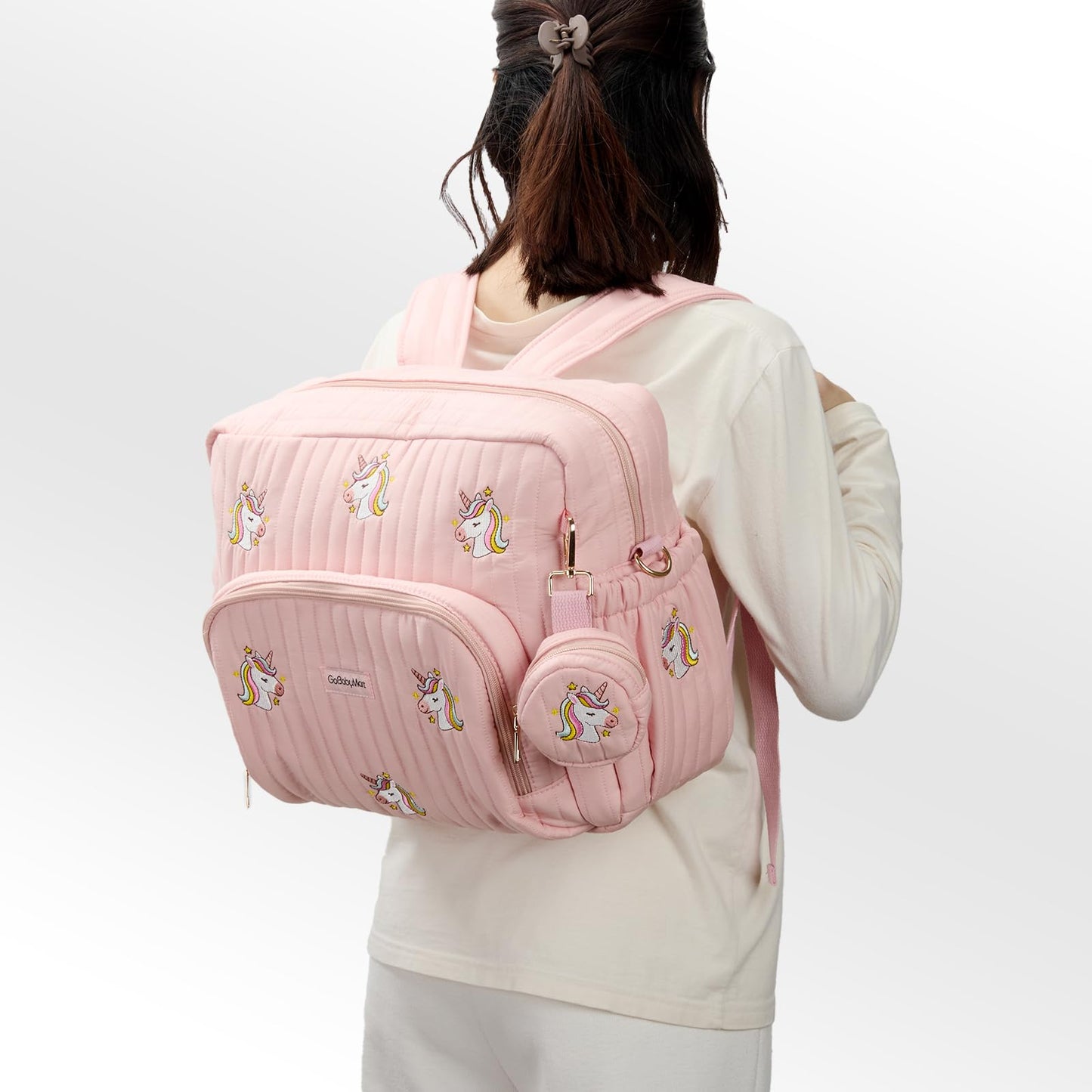 GOBABYMART - Mochila para pañales con cambiador, bolsa de viaje para bebé, bolsillos aislados para botellas, correas para carriola (medianas, unicornios rosas)
