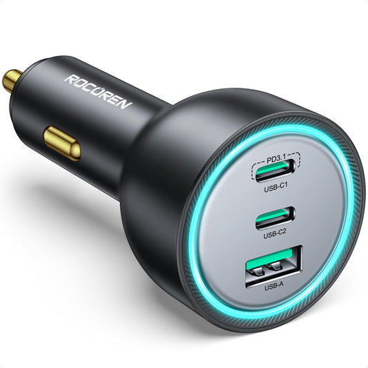 Rocoren Cargador de Coche USB C de 165W, PD3.1 140W/PD3.0 100W QC5/4.0 3 Puertos, Adaptador de teléfono de Coche de Carga súper rápida para iPhone 15/14, Samsung S23, iPad, MacBook Pro/Air, Switch