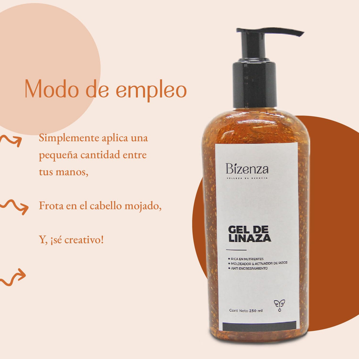 Bizenza - Gel Fijador de Linaza para Cabello - Activador de Rizos, Combate el Encrespamiento, Fortalece e Hidrata el Cabello - 250 ml