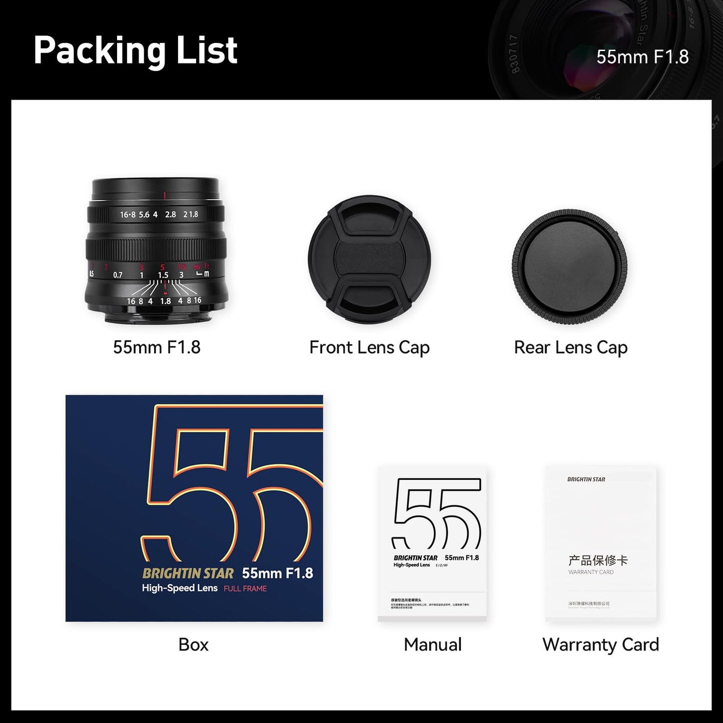Brightin Star 55 mm F1.8 Lente de cámara sin espejo de enfoque manual de gran apertura de marco completo, compatible con Sony E-Mount ZV-E10, A6000, A6400, A6600, A7C, A7III, A7IV, A7RIII, A7RIV, A7SII, A7SIII, A9, A1