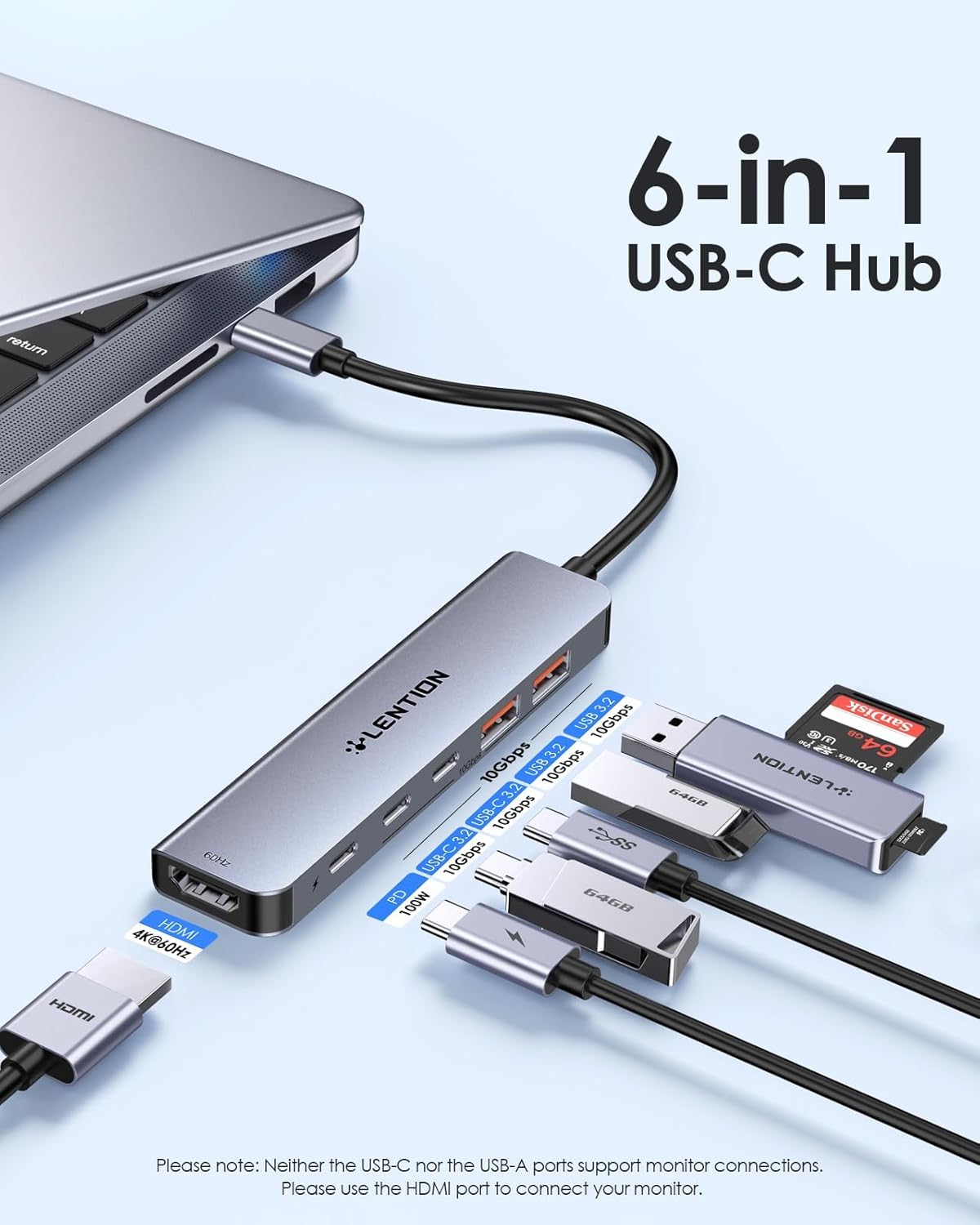 LENTION Hub USB C 6 en 1 con USB C a HDMI 4K@60Hz, 10G USB C y USB 3.2 Gen2, 100W PD, para MacBook Air 2018-2023, Nuevo Mac Pro, Más (CE37, Gris Espacial).