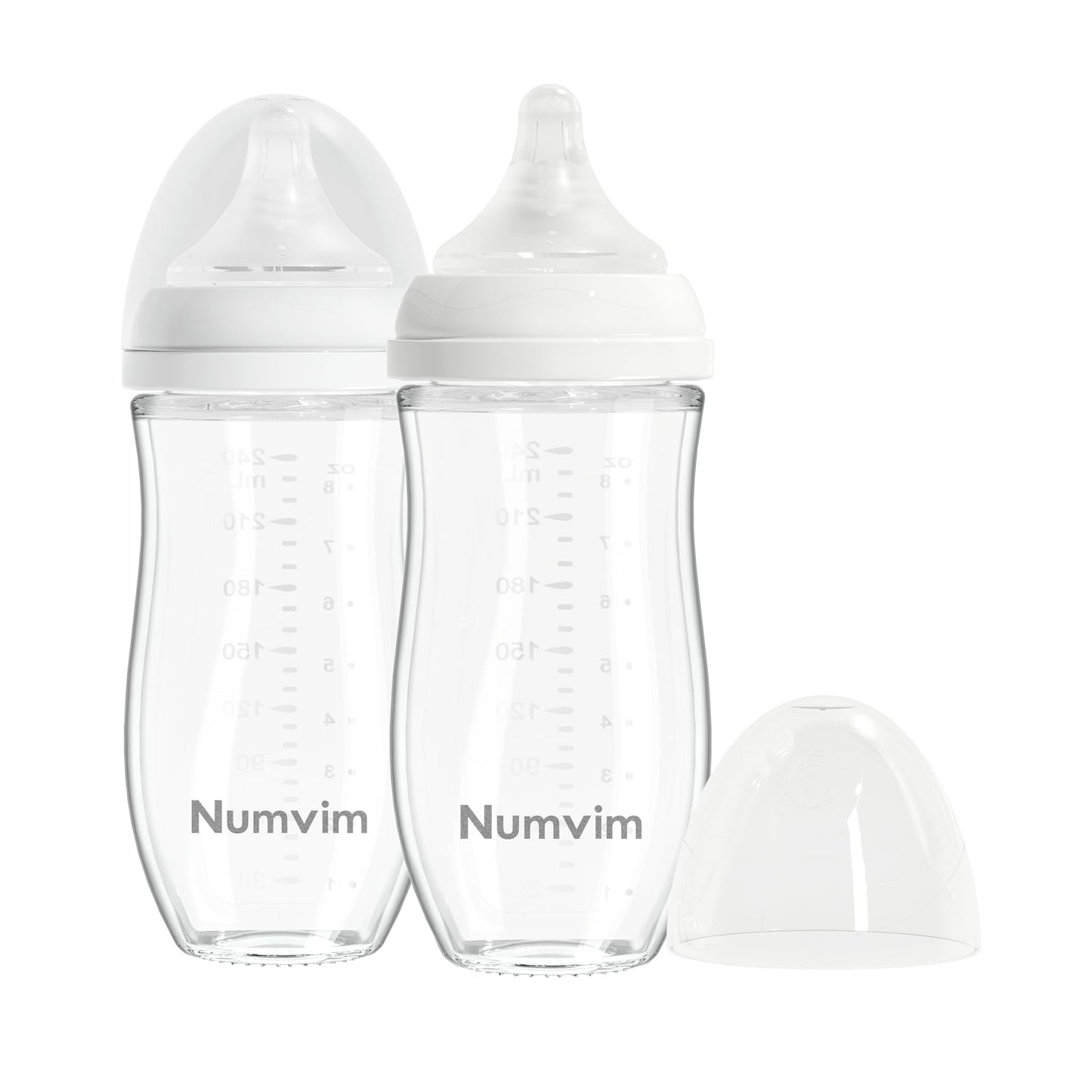 Biberón de Vidrio Natural para Bebés en Lactancia - Artículo Esencial para Bebés, Flujo Medio Suave, Cuello Ancho con Pezón Anticólico para Bebés de 3+ Meses, Incluye 2 Pezones Talla M (240ml/8oz, Paquete de 2)