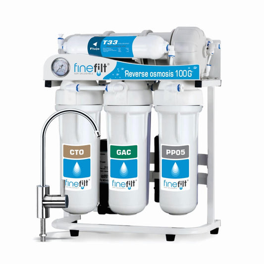 FINEFILT | Purificador de agua de Osmosis Inversa | Filtro Purificador de Agua para casa | hasta 100 galones por dia | Agua segura ya que Elimina Bacterias,Cloro, Metales Pesados y dureza