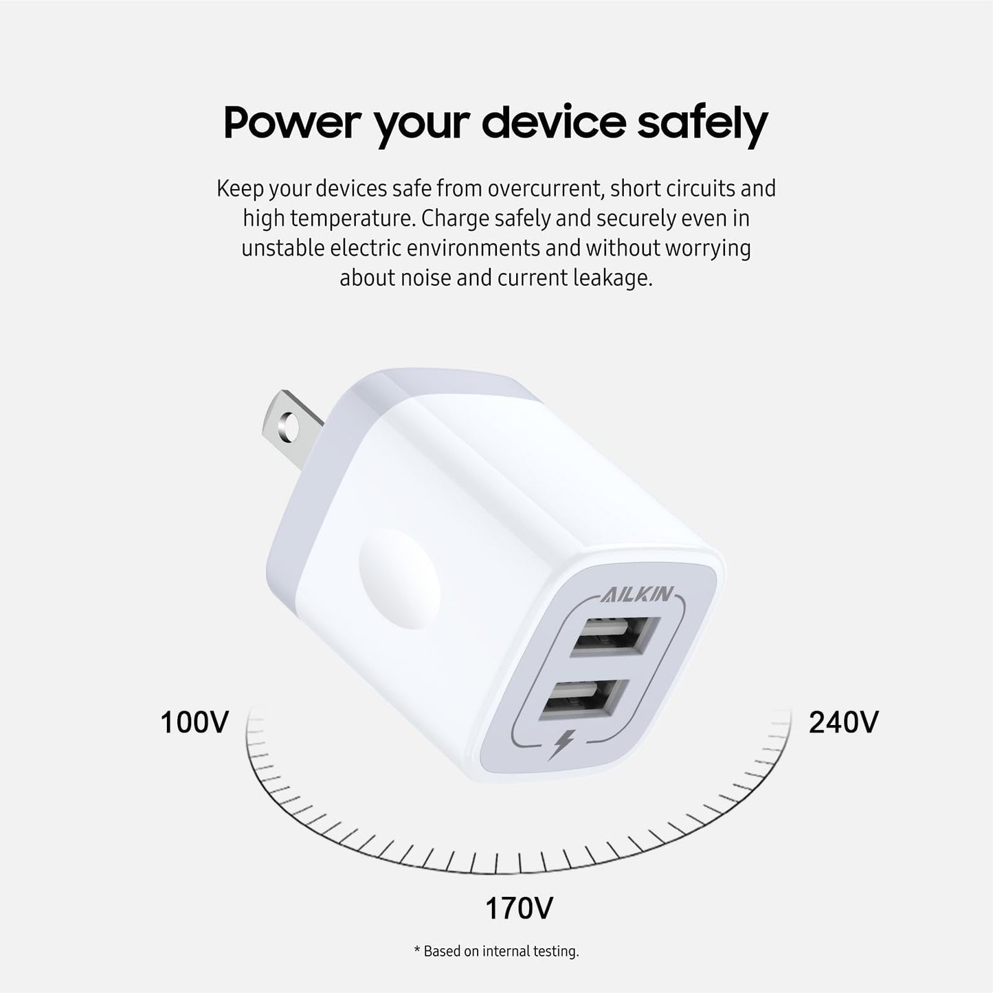 Cargador USB de Pared Ailkin Blanco 2.1Amp de Doble Puerto para iPhone, Samsung Galaxy y Más Dispositivos