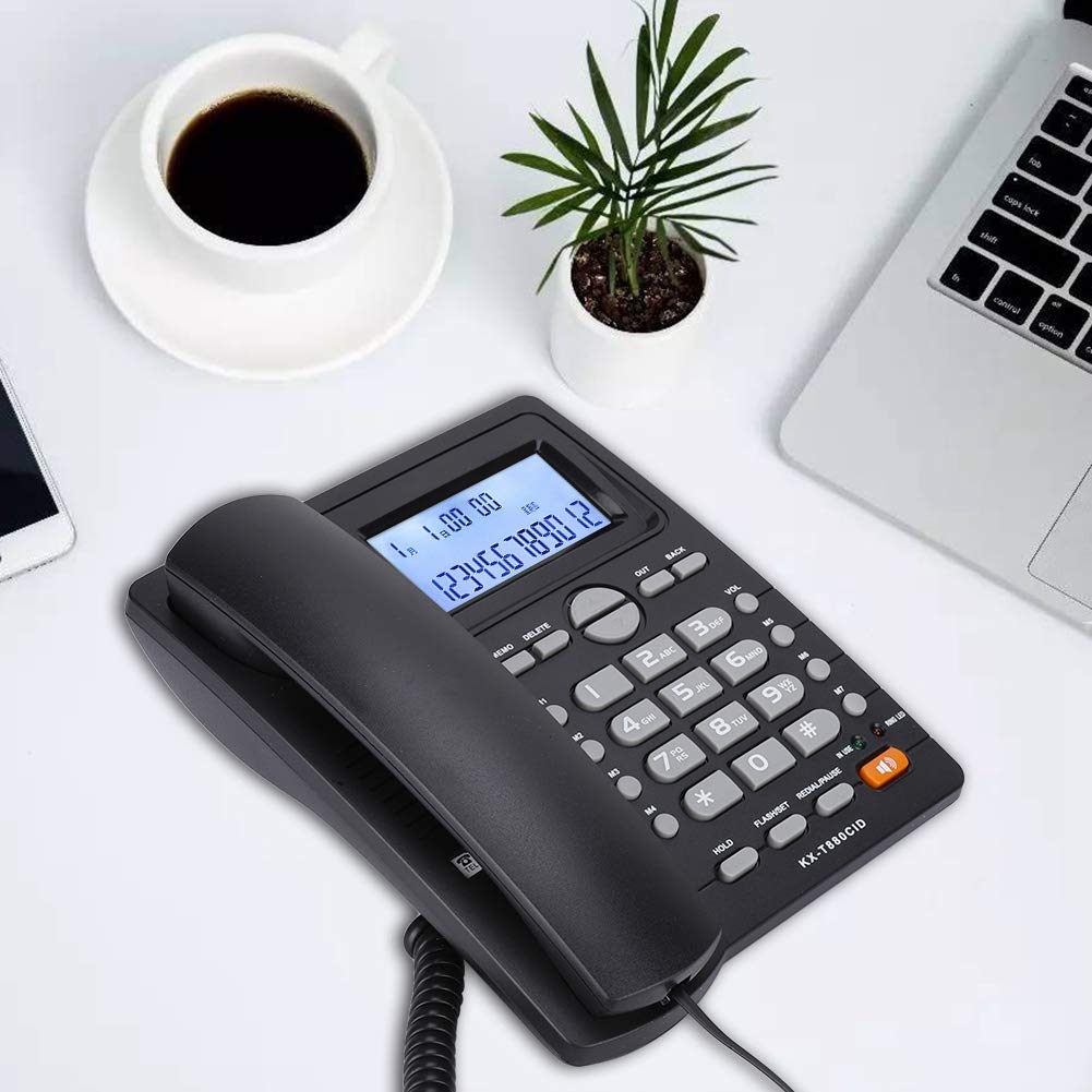 Teléfono Fijo, teléfono de Escritorio con identificador de Llamadas, teléfono con de extensión de Doble Puerto, Cable con Cable y Altavoz (Negro)