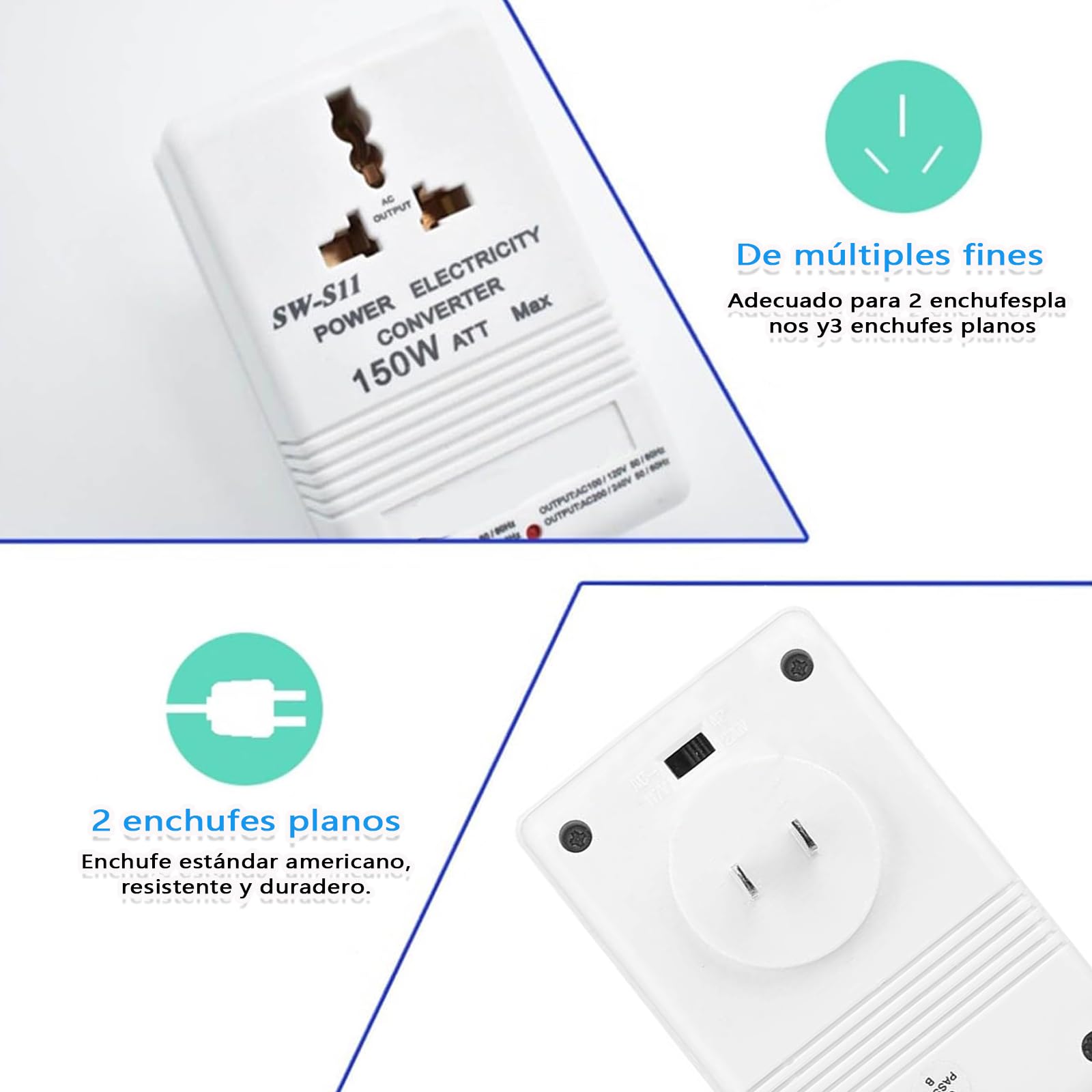 Convertidor de Voltaje 110 a 220,Adaptador Universal de Viaje de 150 W,Transformador Elevador y Reductor de Viaje de 110 V/120 V a 220 V/240 V, Adecuado para Canadá, Brasil, Japón, EE. UU. y Taiwán