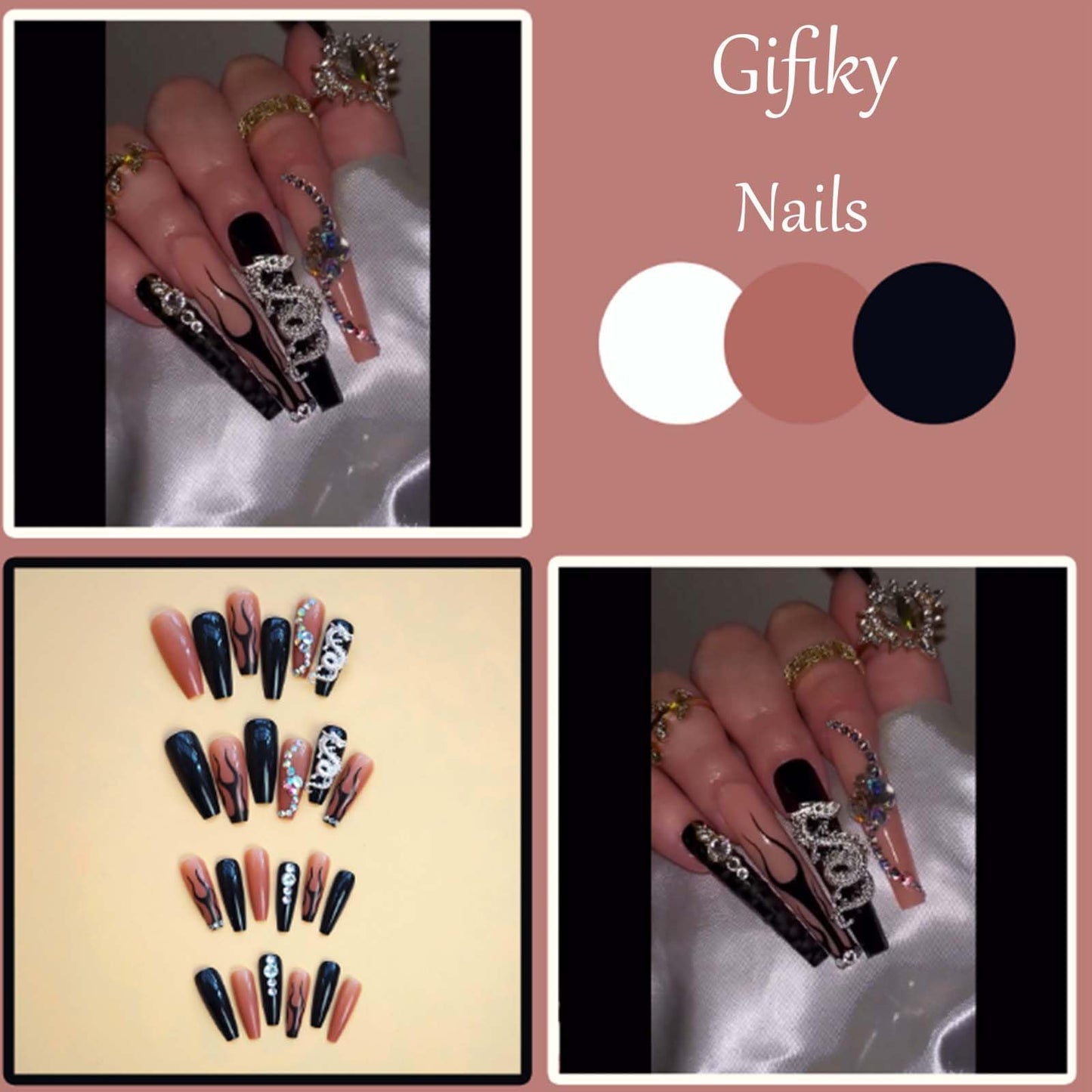 Gifiky Diseño de Gema de Cristal, Uñas Postizas, Ataúd Largo, Prensa En Uñas, Puntas de Uñas de Dragón, Acrílico, Cubierta Completa, Uñas Postizas, Llama Negra, para Mujeres y Niñas, 24 Piezas