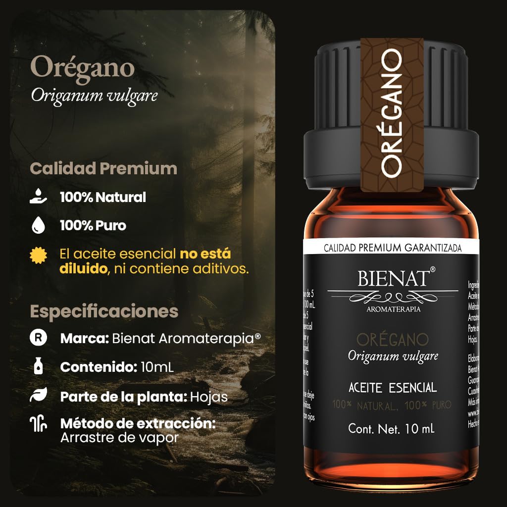 BIENAT AROMATERAPIA Aceite Esencial de Orégano 10mL | 100% Puro y Concentrado | Ideal para Difusor de Aromas, Humidificador, Aromaterapia, Masajes, Meditación, Jabones y Velas | Esencia Natural en Gotas