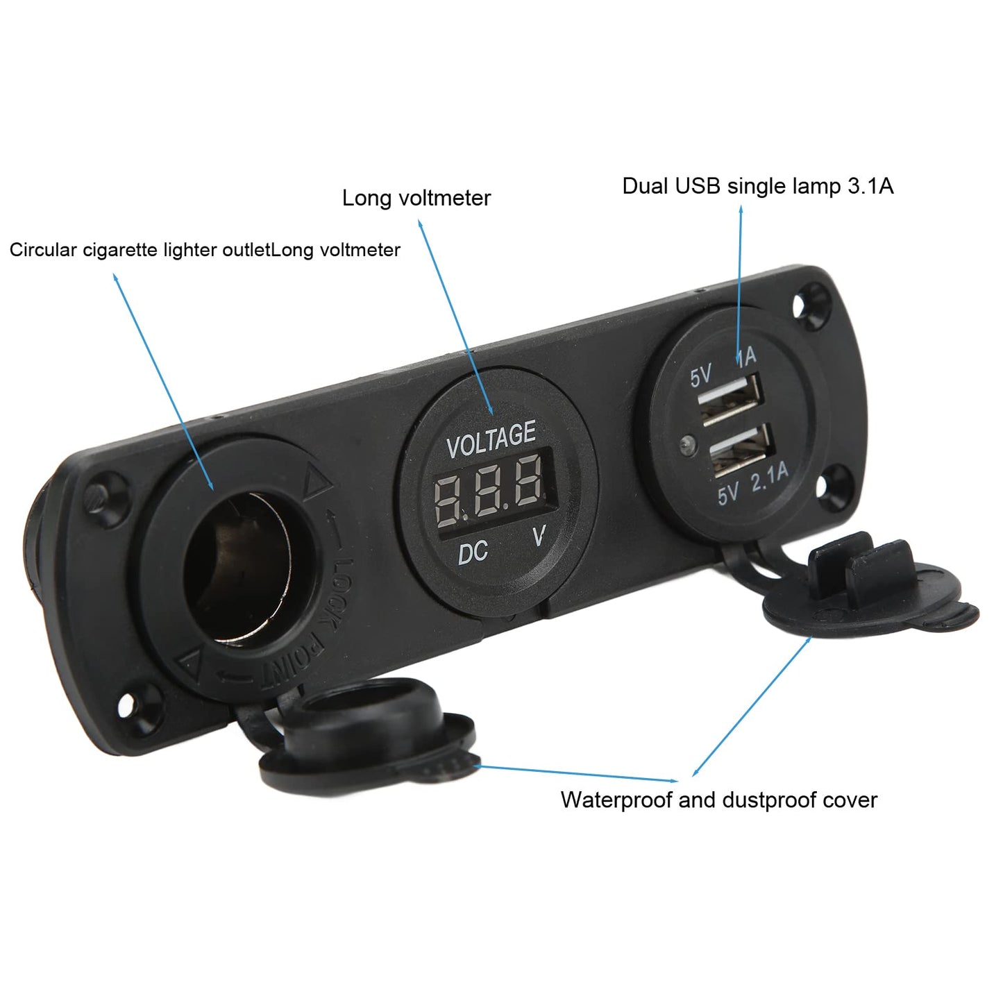 Panel de enchufe de cargador 3 en 1, 12 V, doble USB, toma de corriente, voltímetro digital LED y encendedor de cigarrillos, adaptador divisor hembra para camión, coche, barco, RV, piezas de automóviles