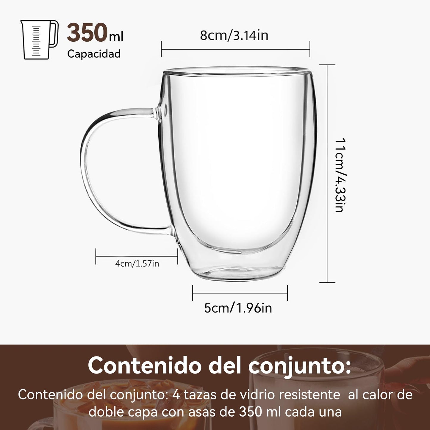 LINGLUCKY Tazas de Café de Cristal de Doble pared con Asa, 2 piezas Vasos de Café Espresso de Vidrio de Café Aislado, Tazas de Café con Leche para Cappucchino Espresso Té Café