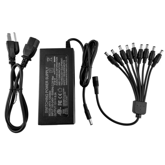 TIGERSECU Adaptador de Corriente para Cámara de Seguridad y DVR con Divisor de Corriente de 9 Vías, Fuente de Alimentación de 12V 8A 100V-240V 2.1x5.5mm, Compatible con DVR y Cámaras IP, BNC y PTZ