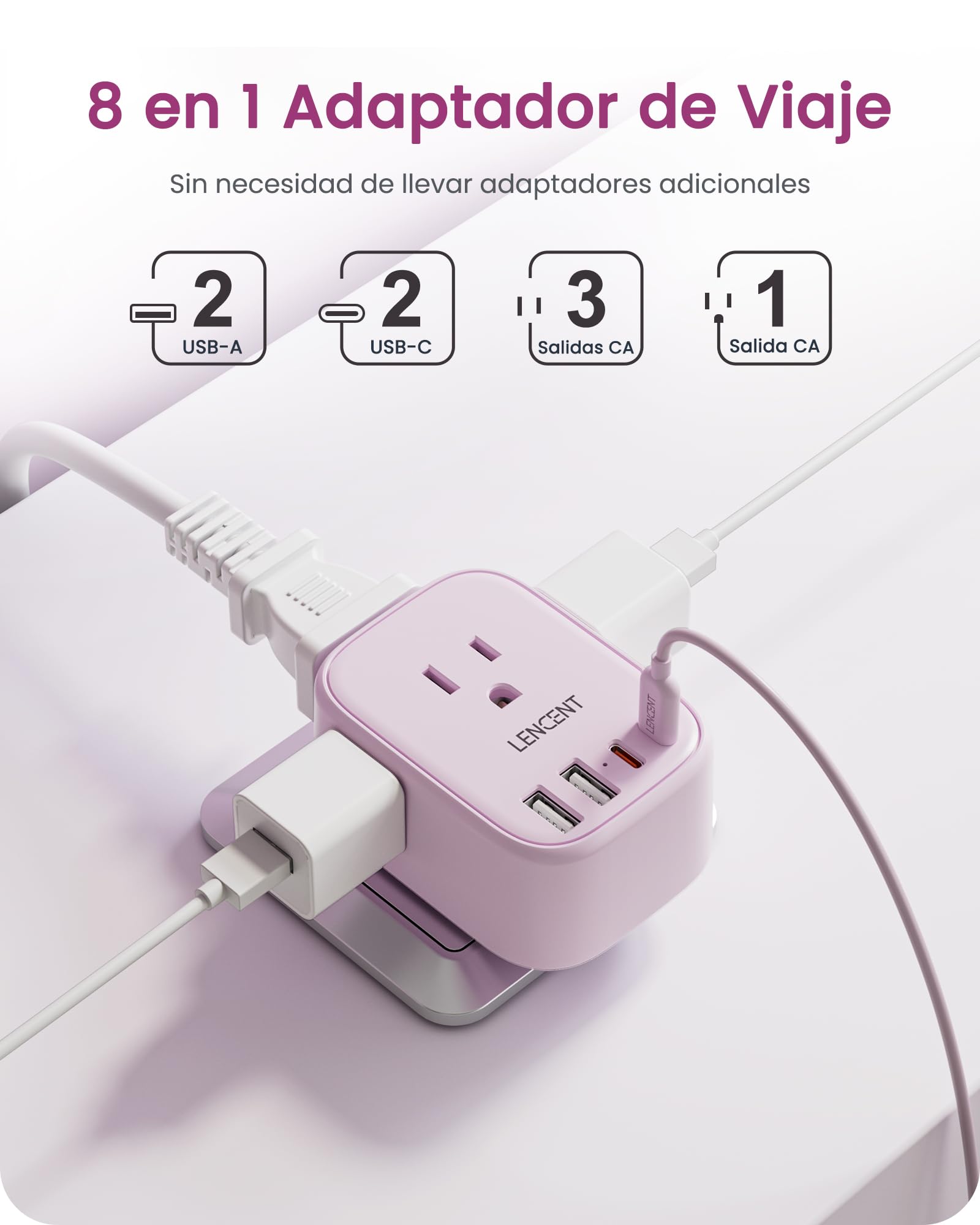 LENCENT Adaptador Europeo Plegable, Adaptador de Corriente con 4 Salidas y 4 Puertos USB (2USB C), Cargador Americano a Europeo para Alemania, España, Italia, Francia, Apto para Cruceros, Rosado