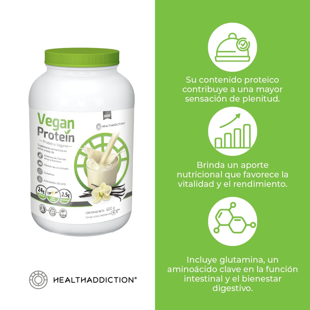 HEALTHADDICTION - Proteína Vegana con Sabor a Vainilla, Fórmula Potenciada con Glutamina y Aminoácidos, 24g de Proteína y 2.5g de Glutamina por Porción - Ingredientes Naturales, Presentación de 600g