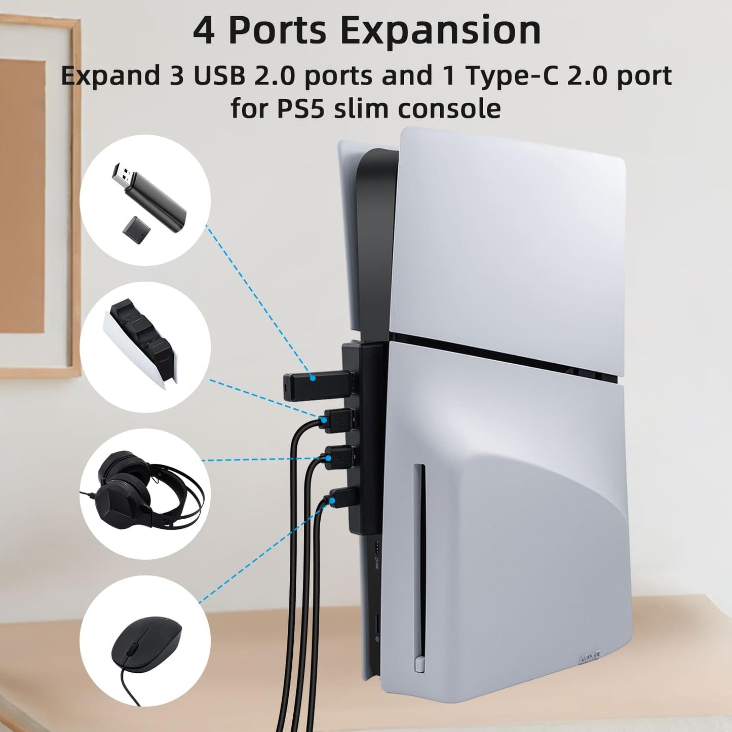 Mcbazel Hub USB para consola PS5 Slim/PS5 Pro solamente, 4 puertos 2.0 de alta velocidad de expansión Hub cargador convertidor adaptador para PlayStation 5 Slim/Pro Disc y edición digital, negro