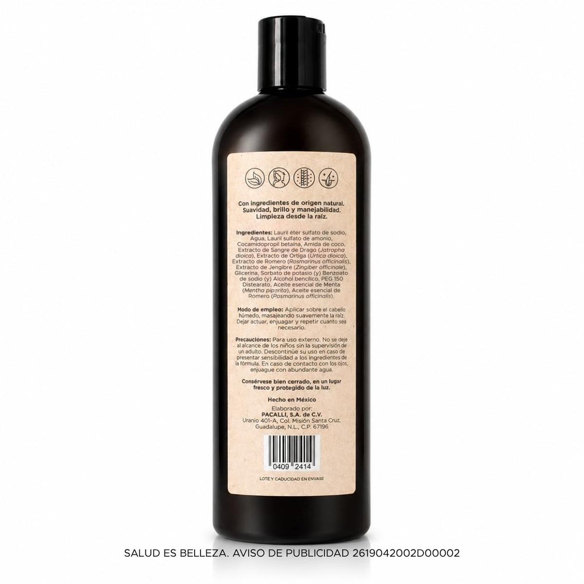 Shampoo Herbal PACALLI 2 Pack Con Jengibre, Romero, Sangre de Drago y Ortiga Ingredientes de origen natural