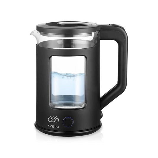 AVERA Tetera Electrica de Vidrio 1.8 Litros 1000W Potencia, Hervidor de Agua Inalambrico, Libre de BPA, Apagado Automatico, Interior Inoxidable, Iluminacion LED, Color Negro
