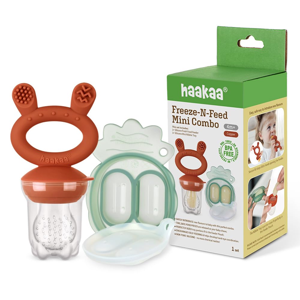 Haakaa Freeze-N-Feed Mini Combo – Alimentador para bebés – Bandeja de silicona para picar – Molde para paletas de leche materna – Ideal para autoalimentación y alivio de la dentición – 100% silicona