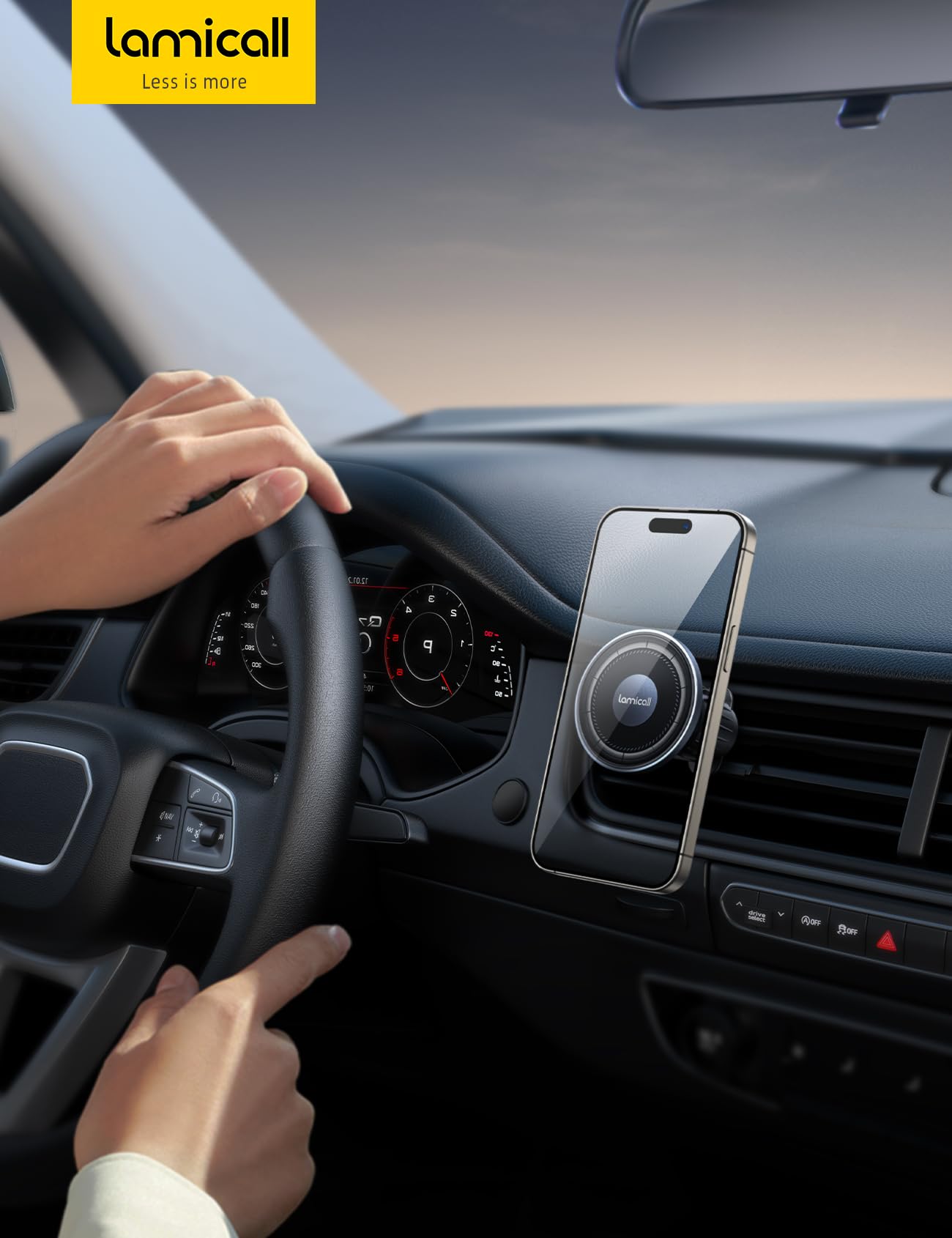 Lamicall Soporte Celular Auto para Magsafe- [Diseño Único de Panel de Cristal HD] Magnetic Porta Celular para Auto, Base para Celular Corro para iPhone 16 15 14 13 12 Pro MAX Mini, All Celular