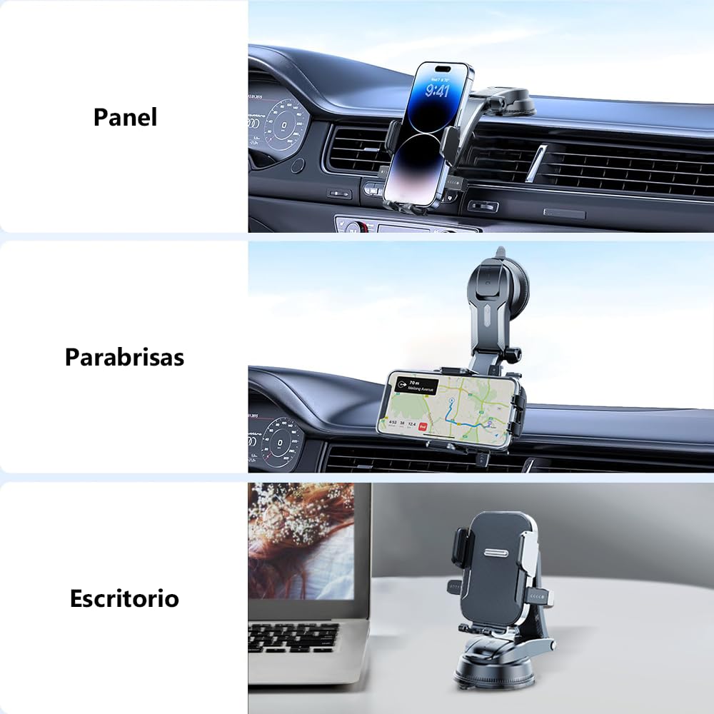 BAYLOVE Soporte Celular Automóvil + Adaptador Auto Carga Rápida Cuatro Puertos, Soporte Celular Auto por Gravedad para Ventosa De Alta Viscosidad, Apto para Todos Los Modelos de Teléfono Móvil