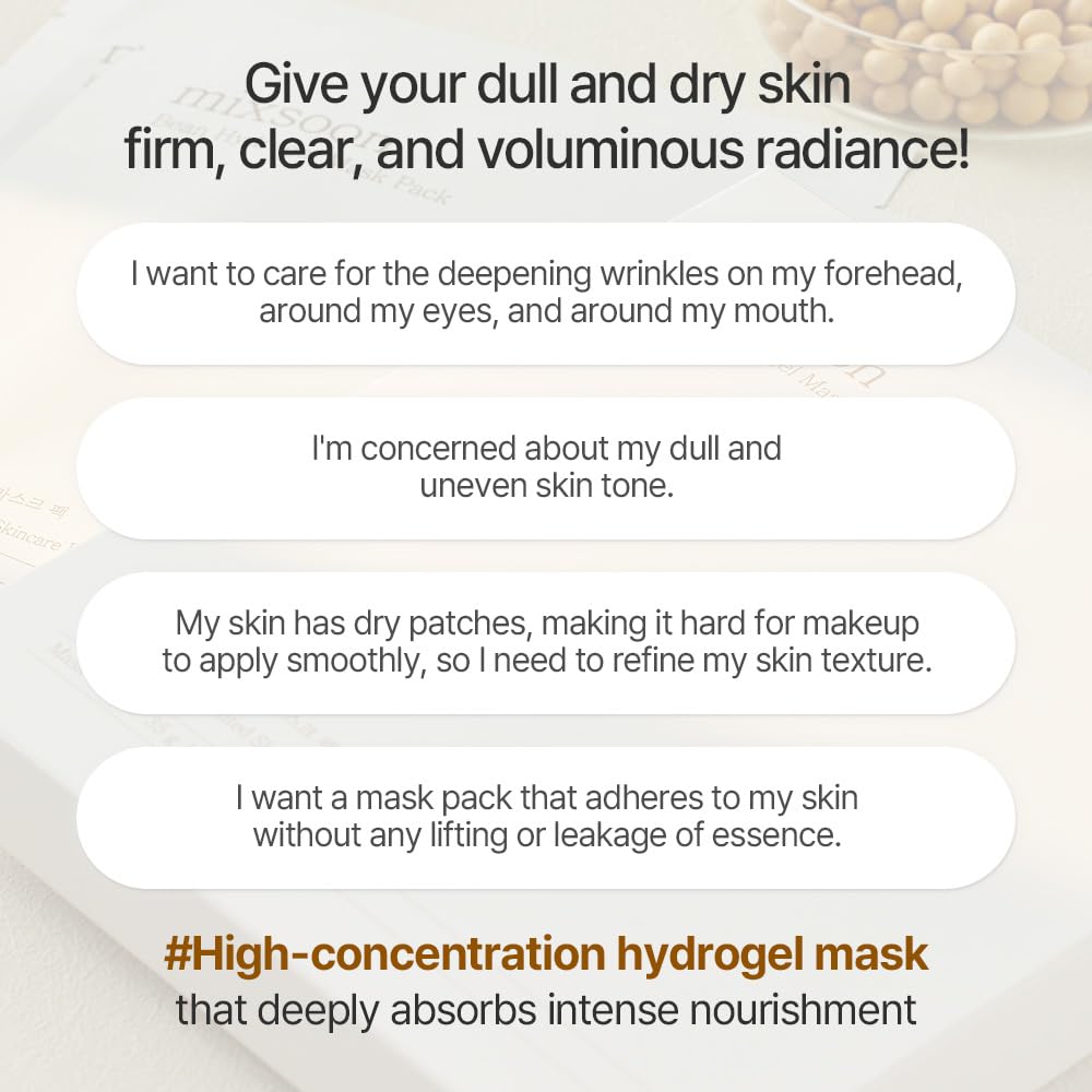 mixsoon Bean Collagen Hydrogel Mask - Mascarilla Facial de Hidrogel con Colágeno de Bajo Peso Molecular y Soya Fermentada, Reafirmante con Extracto de Granada y Pera, 5 unidades