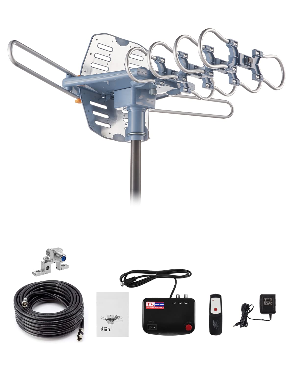 Yeceny - Antena de TV para exteriores, antena de TV HD amplificada digital y cable coaxial RG6 de 60 pies, control remoto inalámbrico de largo alcance de 200 millas con rotación de 360 grados, soporte
