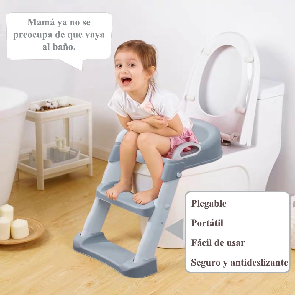 Jiula Asiento Entrenador para Baño con Escalera Antideslizante, Baño Entrenador Niño, Plegable Escalera para Baño Niños, Fácil de Guardar, Asiento Ergonómico, Edad de 3 a 10 Años, Tapizado, Gris#1