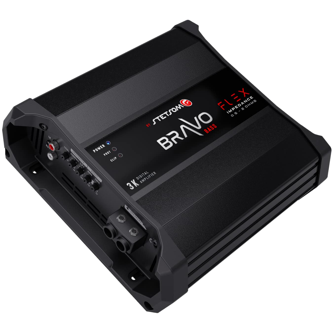 Amplificador de Audio para Coche Stetsom Bravo BASS Flex 3K Negro con Sistema de Impedancia Automática Monobloque 3000 W RMS a Impedancia Variable 0.5 a 2 Ohmios