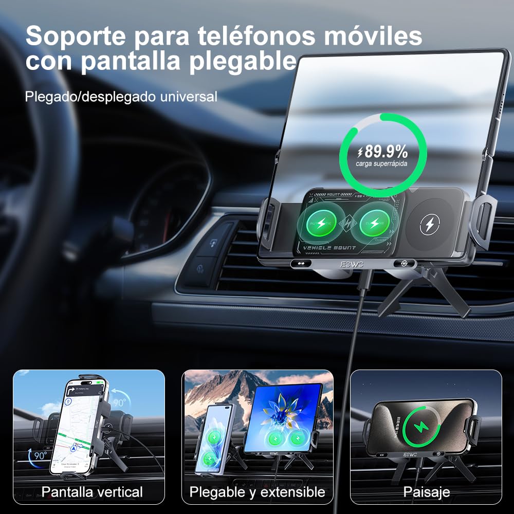 JESWO mag Safe Cargador Inalámbrico para Auto 15W, Soporte Celular Automóvil con Botón de Liberación y Botón de Giratorio 90°, Uso con Una Sola Mano para iPhone 16/15/14/13 Pro MAX, Galaxy S23 Ultra