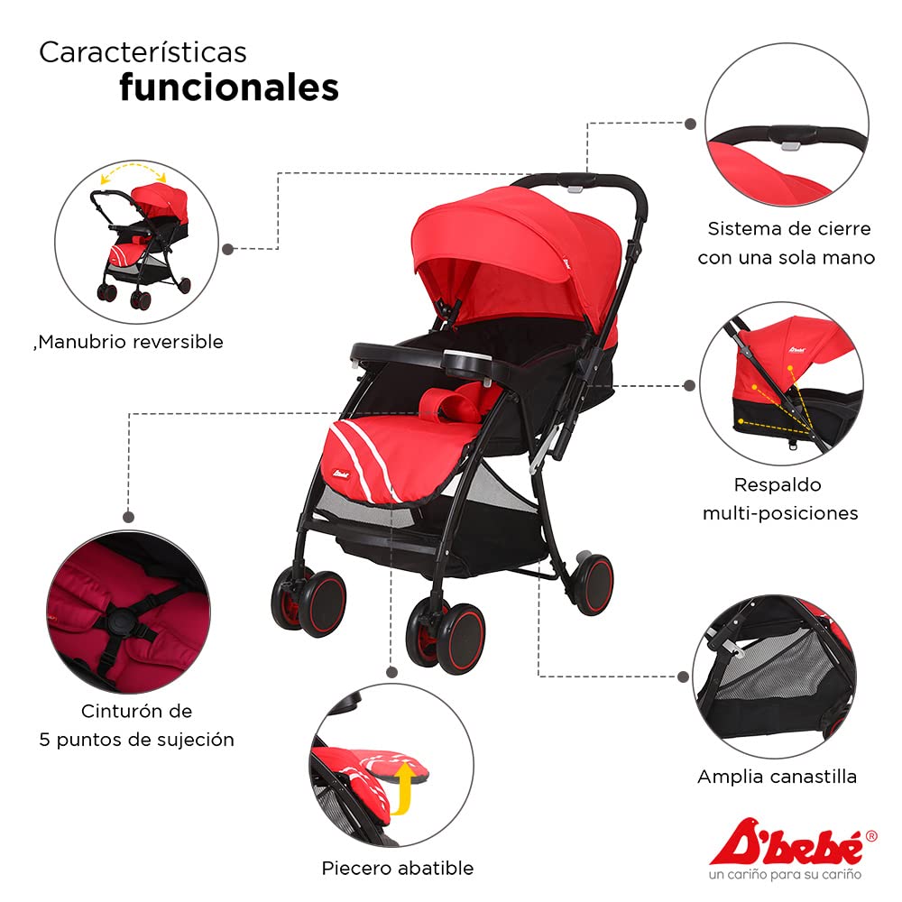 D´BEBÉ - Carriola Lu Baby - Carriola con Manubrio Reversible - Permite tener al Bebé siempre a la vista - Incluye Charola Porta Biberones - Color Roja