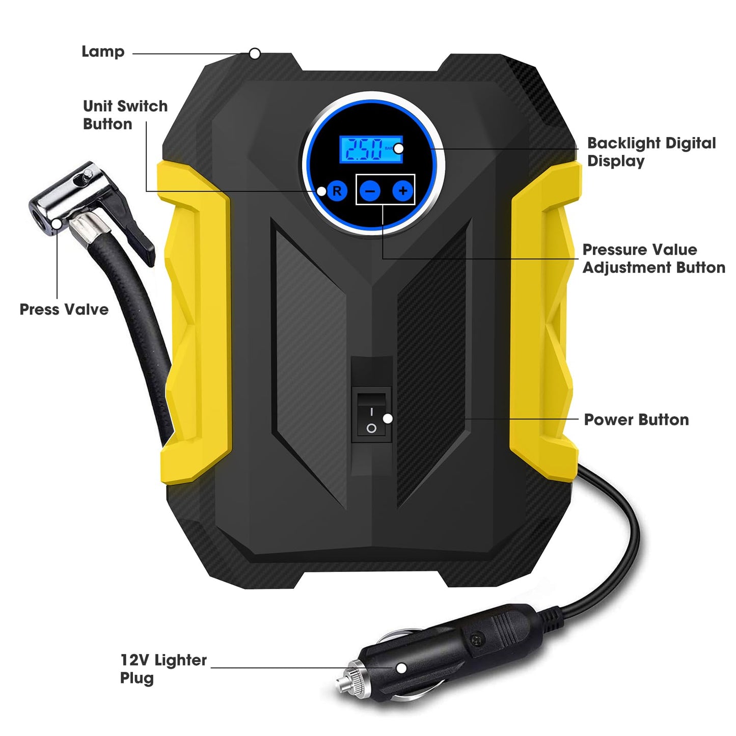 Compresor de aire digital para bomba automática de coche, inflador de neumáticos portátil con luz LED DC 12 V