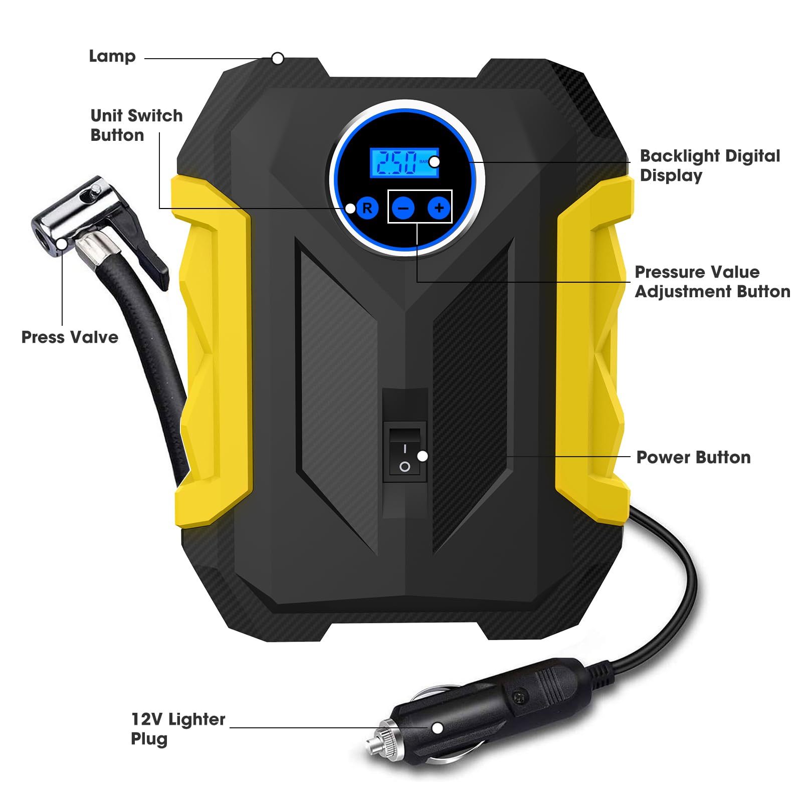 Compresor de aire digital para bomba automática de coche, inflador de neumáticos portátil con luz LED DC 12 V
