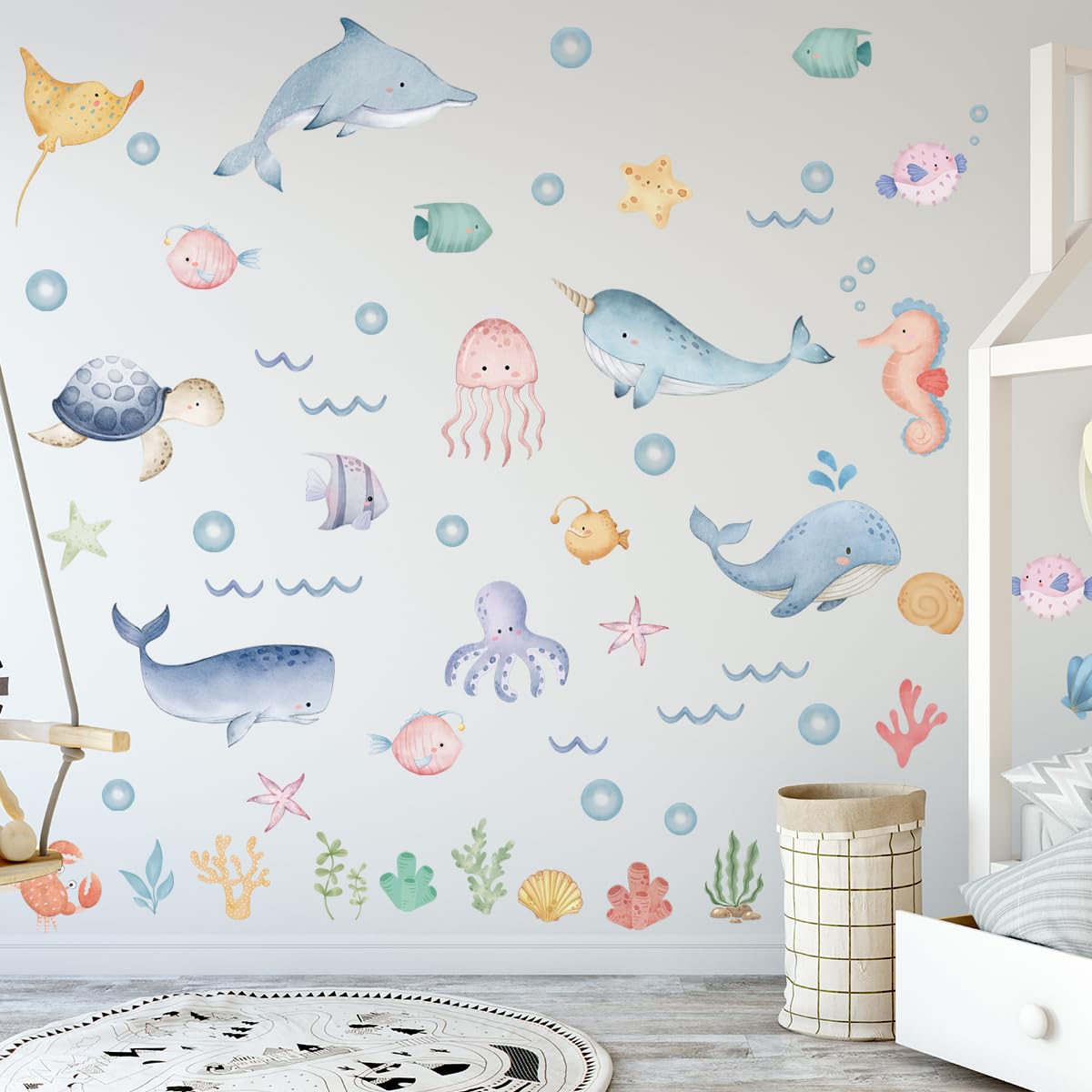 Calcomanías de pared de animales oceánicos, calcomanías de pared de ballenas bajo el mar, calcomanías de pared bajo el mar, calcomanías de pared de peces bajo el mar extraíbles de despegar y pegar
