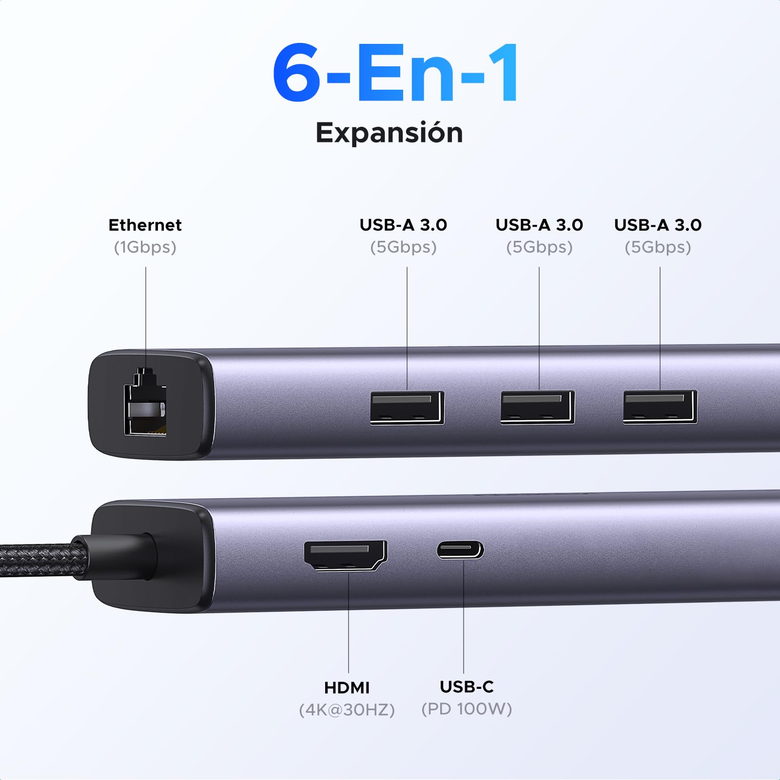UGREEN Hub USB C, 6 en 1 Adaptador Tipo C con 4K HDMI, Gigabit Ethernet, 3 USB A 3.0 Puertos de 5 Gbps, Carga 100W Compatible con MacBook, iPad Pro, DELL, HP, Surface, Chromebook, Mac Mini