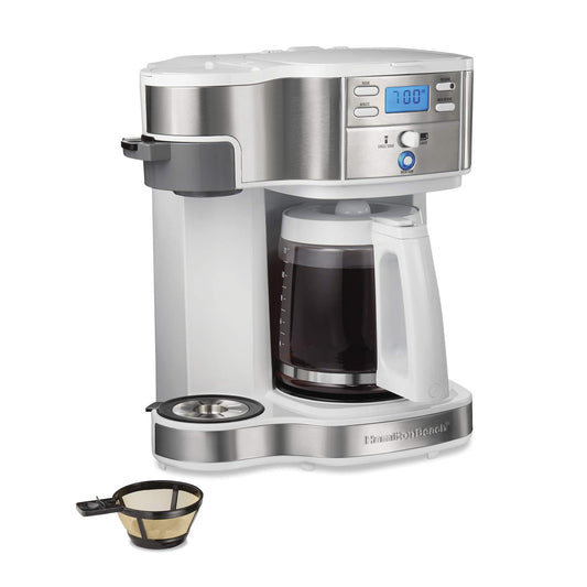 Hamilton Beach 49933 - Cafetera programable de goteo de 2 vías y máquina de una sola porción, jarra de vidrio, pausa y vierte automáticamente, color blanco