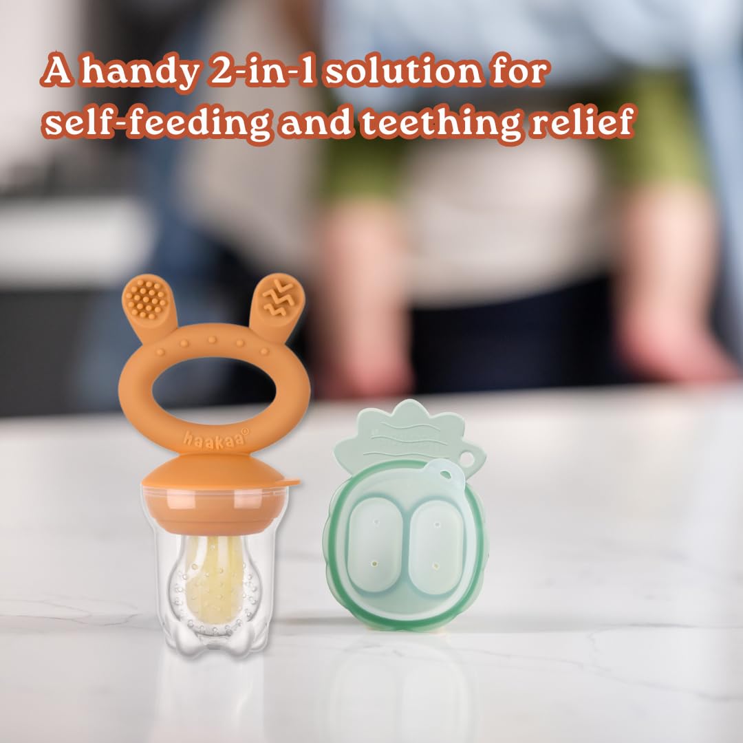 Haakaa Freeze-N-Feed Mini Combo con alimentador de comida de silicona y bandeja de mordiscos mini de silicona | Alimentador autónomo de alimentos sólidos para bebé | Molde de almacenamiento y