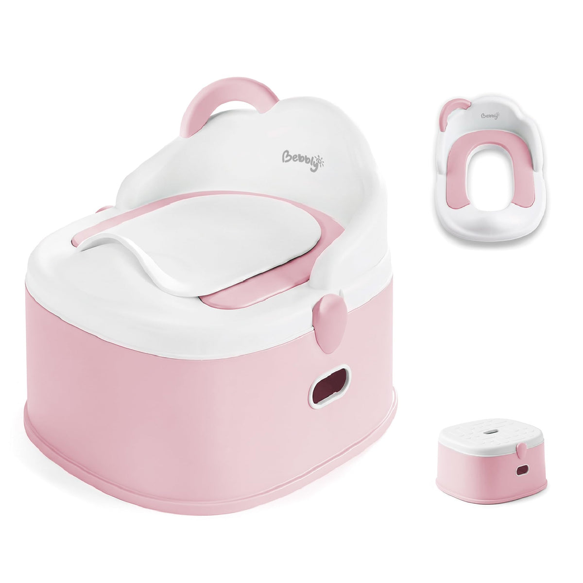 BEBBLY Bañito Entrenador Infantil 3 en 1, Bacinica, Asiento Reductor y Banco con Almacenamiento Antiderrapante para Niños de 6 Meses a 3 Años, Fácil de Limpiar, para Aprender a ir al Baño (Rosa)