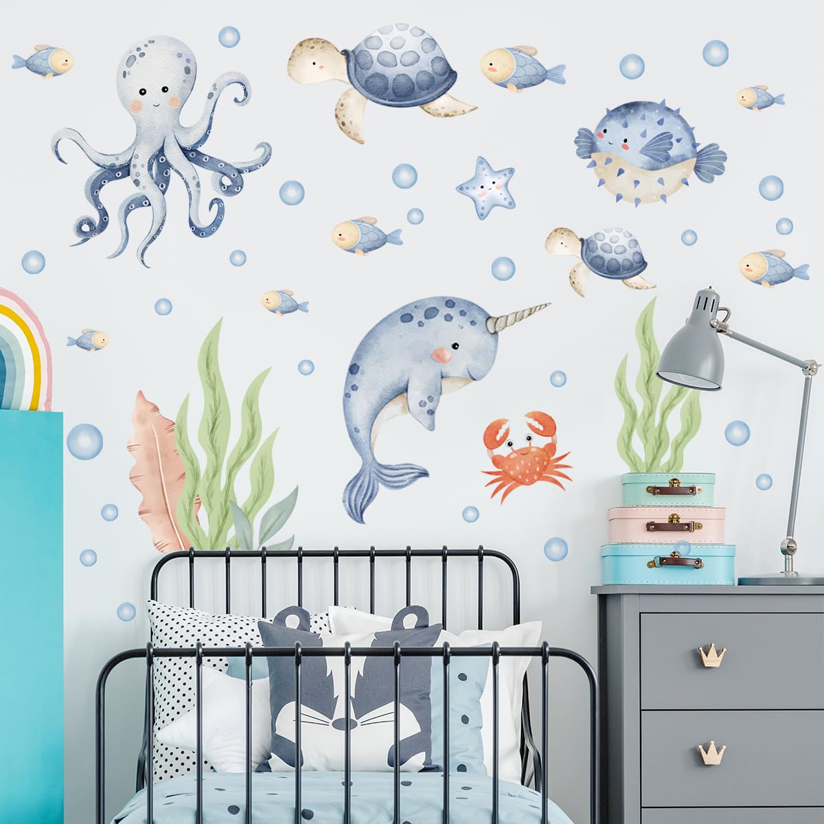 Calcomanía de pared para habitación de los niños, mundo subacuático, acuarela oceánica, océano oastal, hipocampo pulpo, tortuga, pez de tortuga