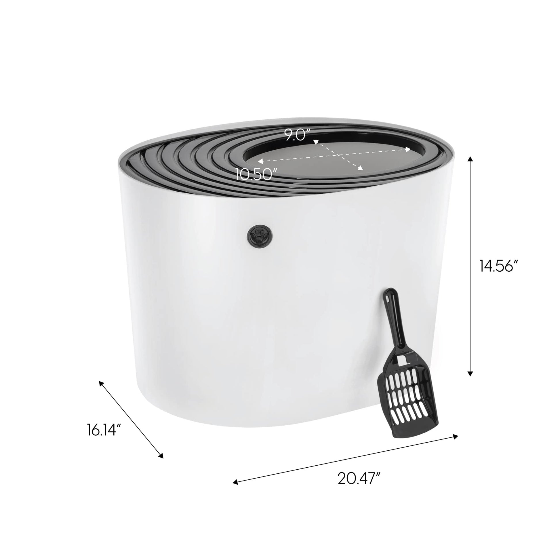 IRIS USA Bandeja de Arena para Gatos de Entrada Superior Redonda y Elegante con Pala, diseño Curvo con Cubierta y surcos para atrapar partículas de Arena y Paredes para privacidad, Blanco/Negro