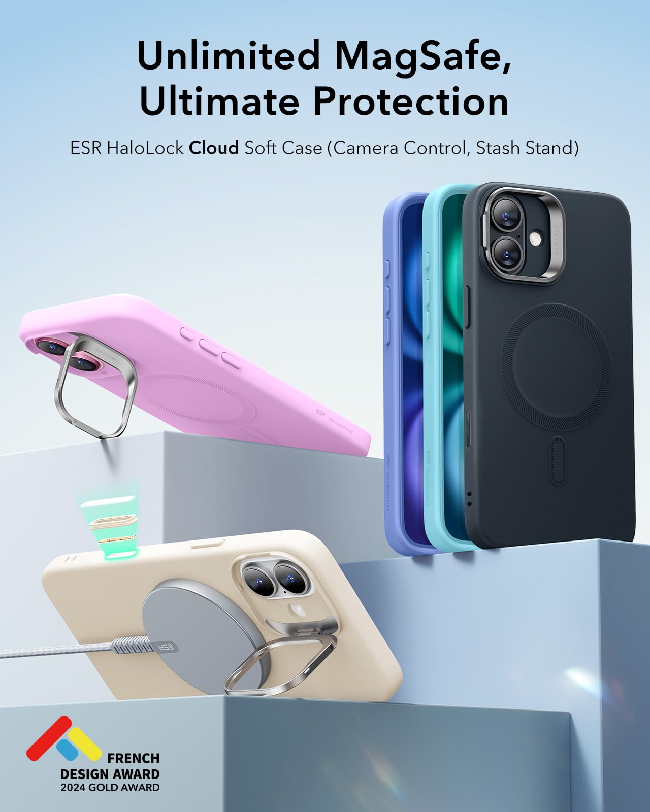 ESR - Funda para iPhone 16 de silicona con botón de control de cámara y soporte, compatible con MagSafe, soporte para cámara integrado, magnética, para iPhone 16 Pro Max, serie Cloud, verde azulado